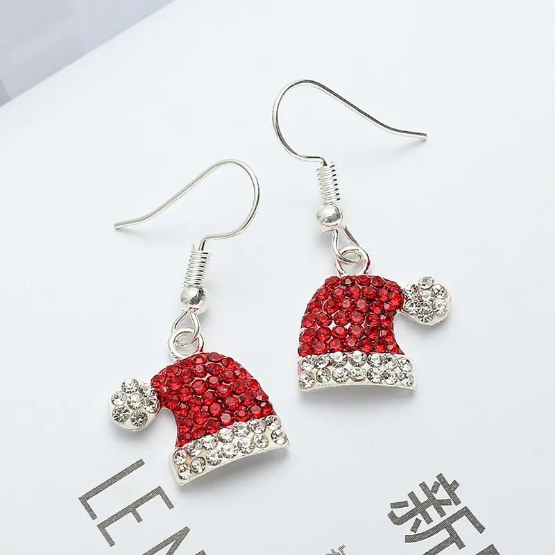 Christmas Earrings Alloy Rhinestone Enamel Reindeer Santa Hat Snowman Stocking Bow Holiday Festive Jewelry For Women