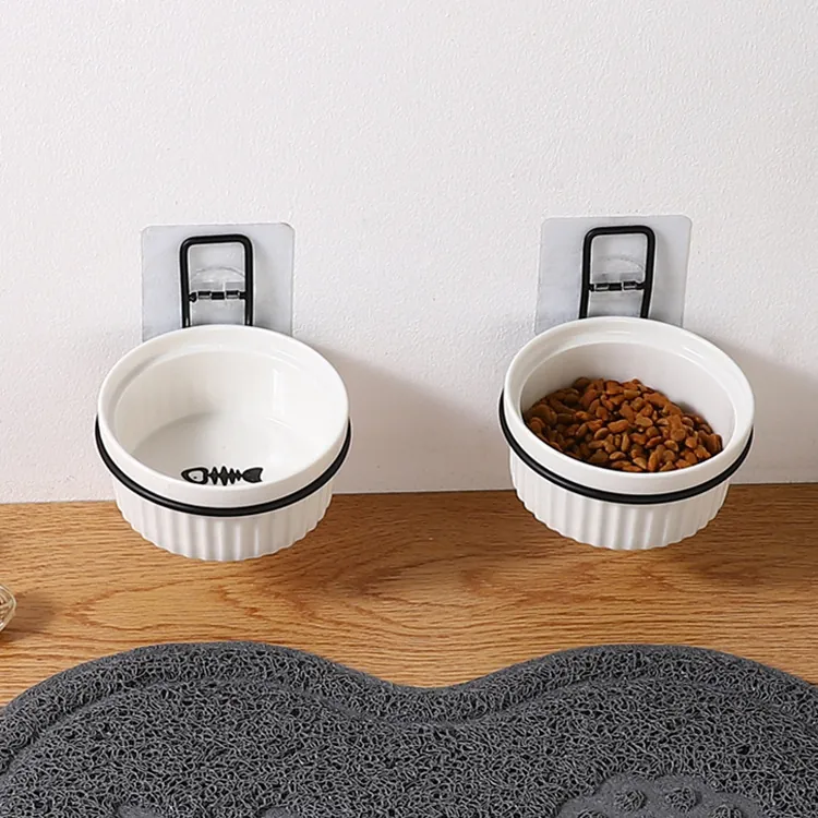 Wall Mounted Pet Bowl Ceramic Cat Food Water Dish With Metal Rack Detachable Anti Tipping Vertical Stripe Modern Minimalist Bone China