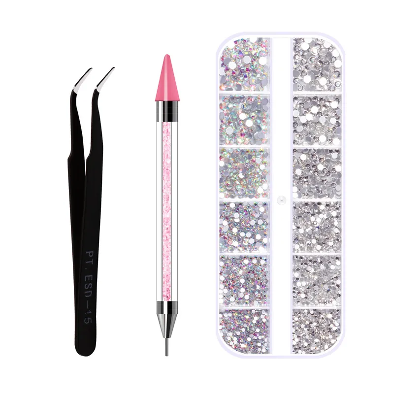 Nail Art Rhinestone Dotting Tool Dual Ended Picker Wax Pen ESD-15 Curved Tweezers Acrylic Box Flatback Crystals