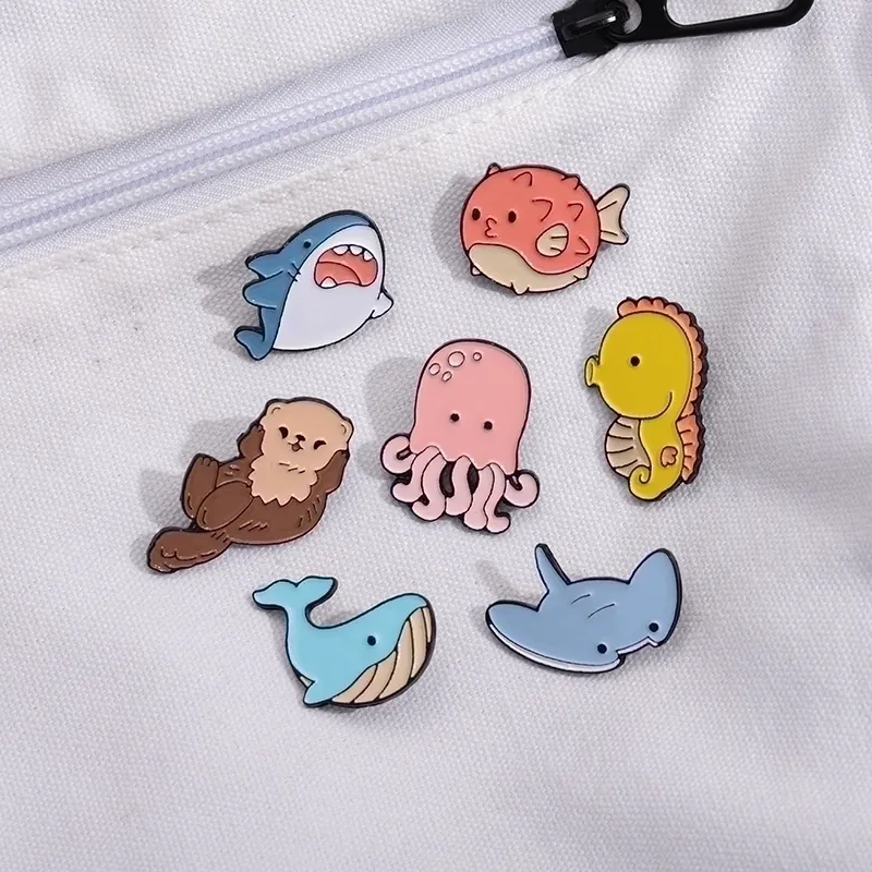 Cute Cartoon Ocean Animal Enamel Pins Alloy Shark Whale Sea Horse Brooch Badges For Clothes Backpacks Accessories