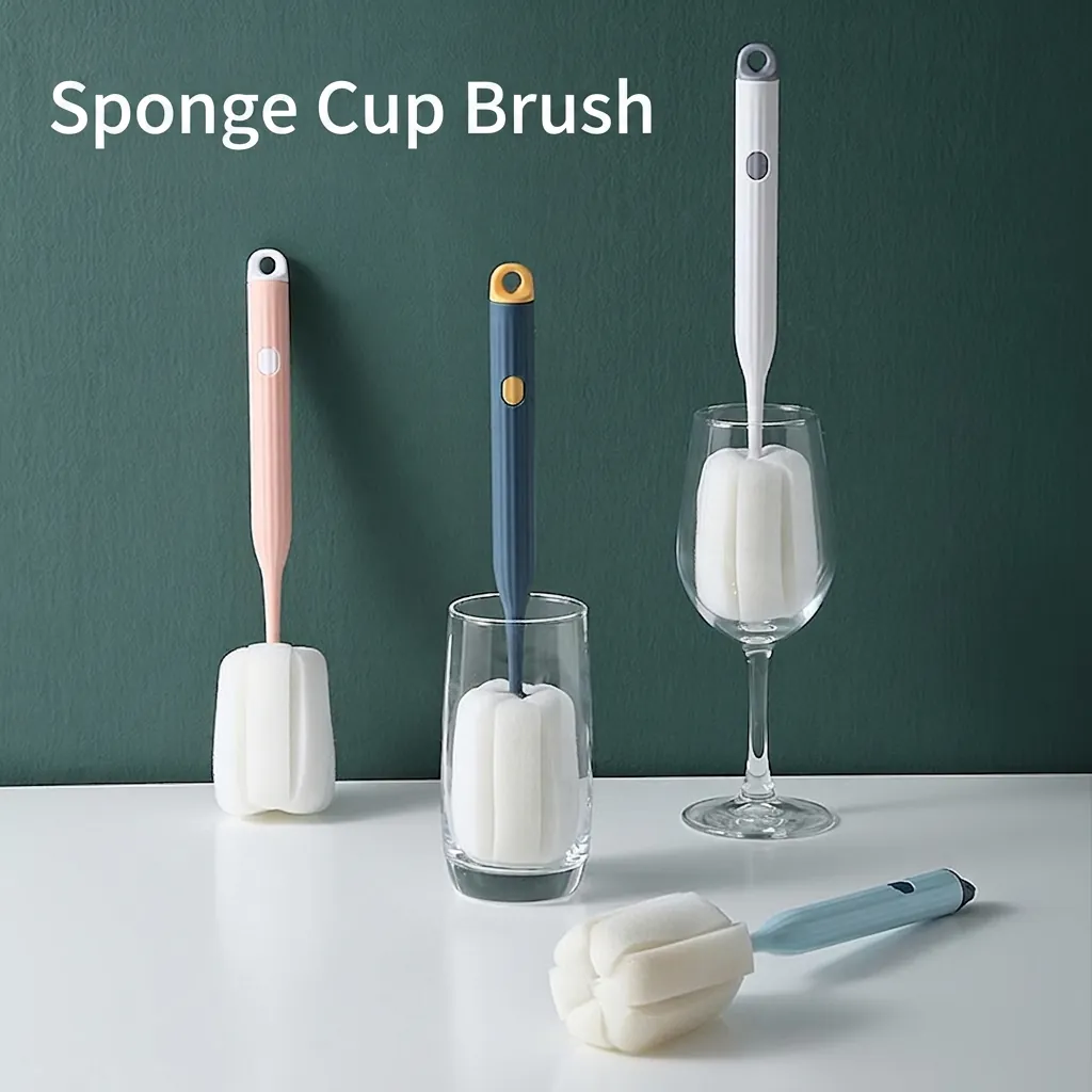 Brosse de Tasse à Long Manche Brosse de Nettoyage en Éponge Nano pour Bouteilles de Bébé Bouteilles d'Eau Verrerie Outil de Nettoyage Domestique