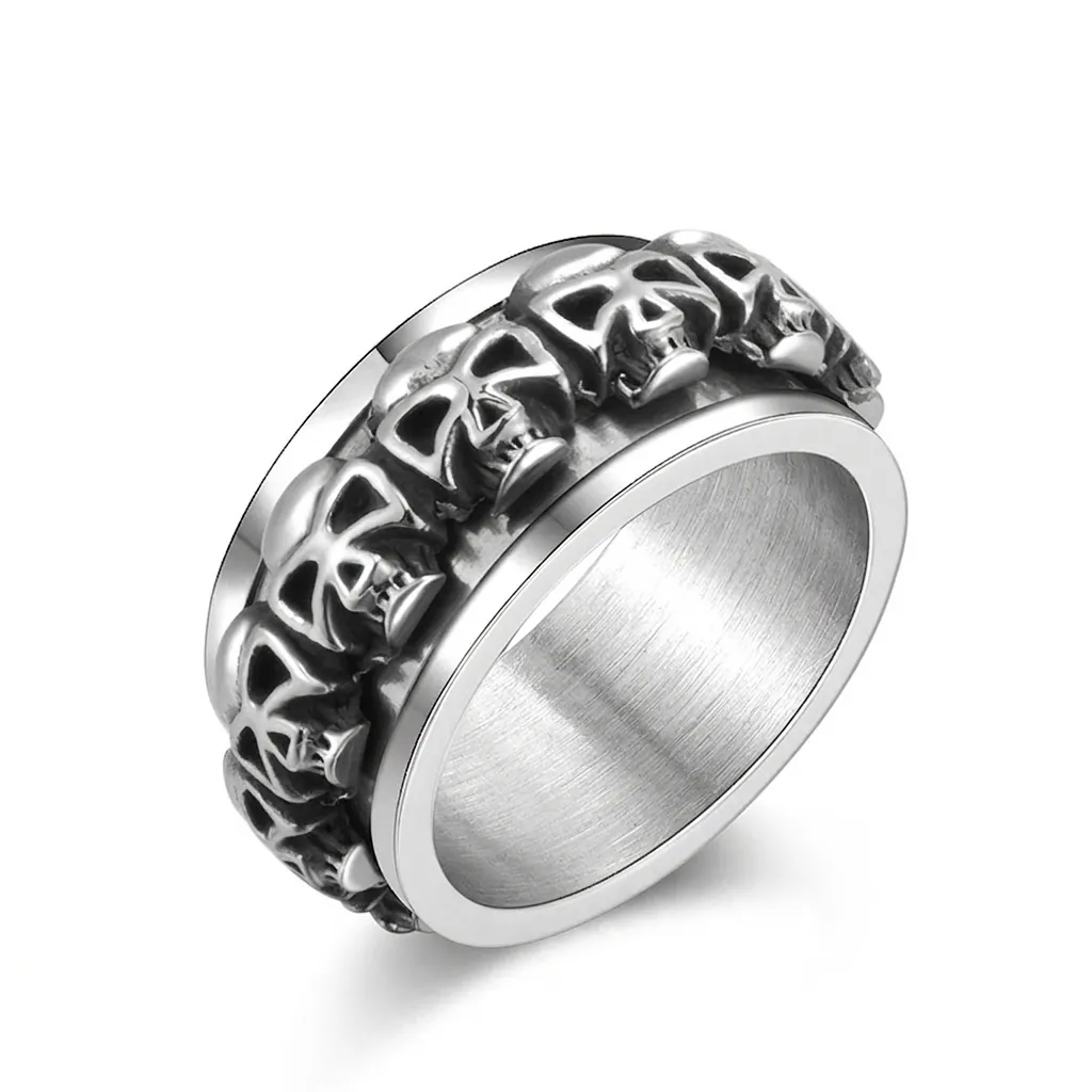 Skull Spinner Ring Stainless Steel Rotatable Continuous Relief Gothic Punk Hip Hop Vintage Retro Jewelry Unisex