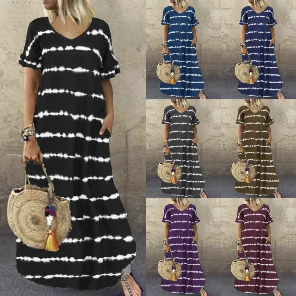 Women V Neck Flutter Sleeve Striped Tie Dye Maxi Dress Plus Size Casual Loose Long Dress With Pockets Summer Vacation Outfit