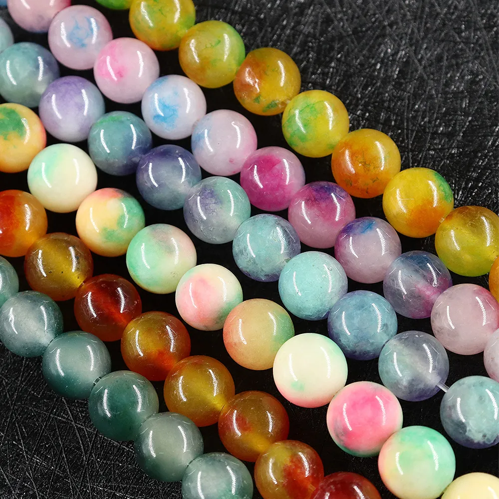 Colorful Agate Stone Round Loose Beads For DIY Jewelry Making Polished Natural Style Chalcedony