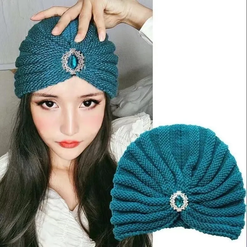 Women Winter Warm Acrylic Knitted Turban Hat Vintage Rhinestone Artificial Gemstone Ethnic Style Indian Beanie Cap Headwrap