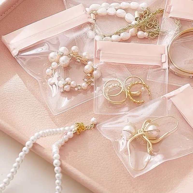 Jewelry Storage Seal Bags EVA Transparent Anti Oxidation Dustproof Resealable Pink Zipper Organizer For Earrings Rings