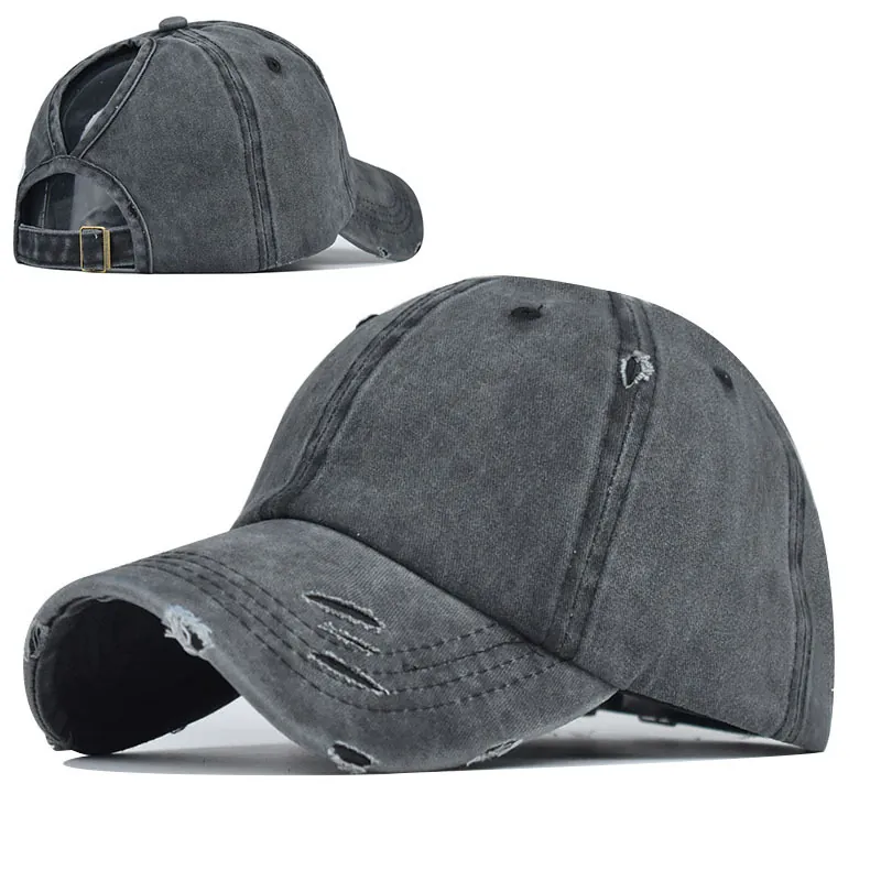 Washed Cotton Ponytail Baseball Cap Distressed Vintage Adjustable Outdoor Sun Hat For Women