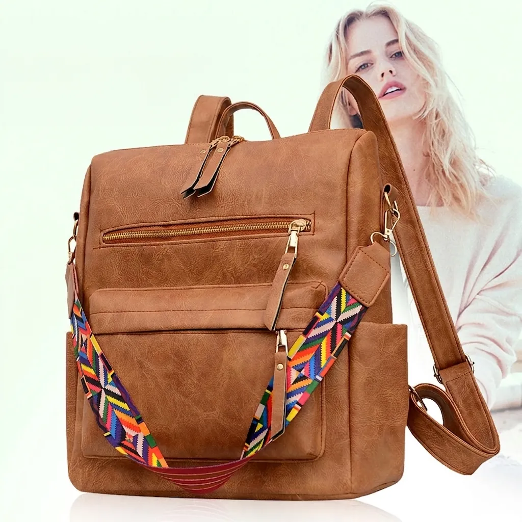 Sac À Dos Mode Femme Simili Cuir Rétro Boho Grande Capacité Multi-Usage Avec Sangle Tissée Ethnique Antivol