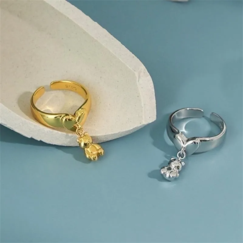 925 Sterling Silver Heart Bear Pendant Adjustable Open Ring Sweet Cute Animal Jewelry Gift For Women Girls