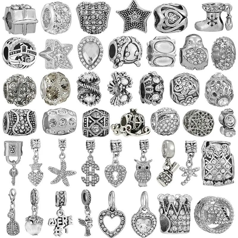 DIY Charm Beads Silver Color Alloy Rhinestone Owl Heart Crown Star For Bracelet Jewelry Making Findings