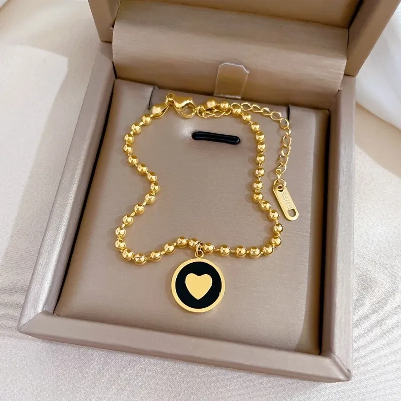 Bracelet À Mailles Boules En Acier Inoxydable Avec Pendentif Cœur Disque Émaillé Rond Bijou Réglable Pour Femmes Filles