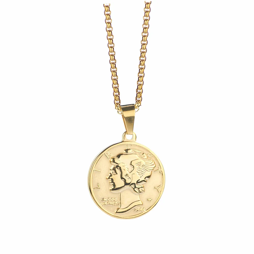 Titanium Steel Coin Necklace Vintage Relief Liberty Portrait Pendant Link Chain Retro Jewelry For Men Women Daily Wear