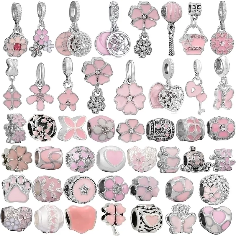 DIY Beads Pink Enamel Heart Flower Charms Alloy Metal Dangle Pendants Jewelry Making Accessories Women Bracelets