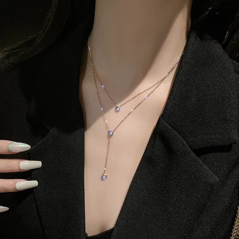 Collana A Y Doppio Strato Acciaio Al Titanio Strass Catena Di Clavicola Gioielli Eleganti Minimalisti Per Donna
