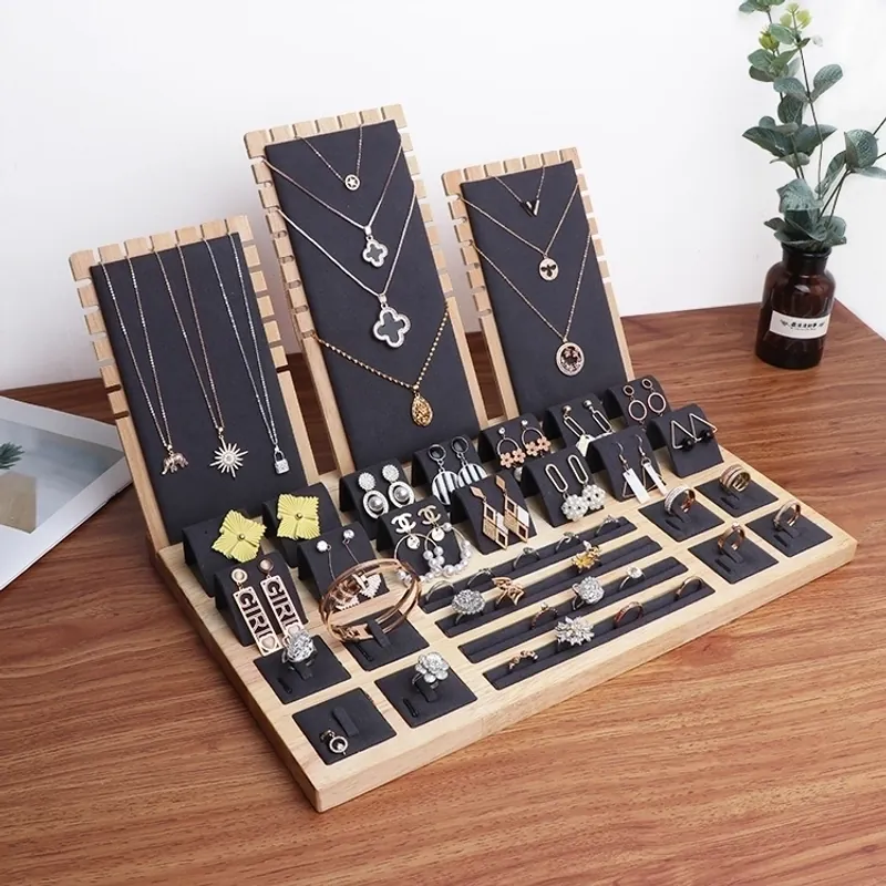 Wood Jewelry Display Stand For Necklace Earring Ring Bracelet Microfiber Professional Shop Window Props Organizer