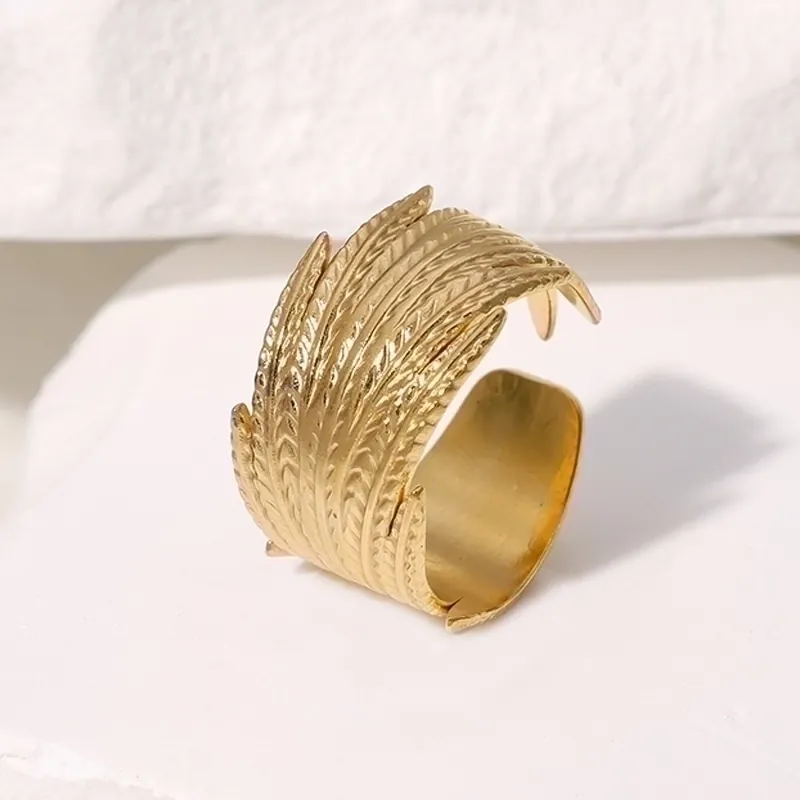 Feather Pattern Adjustable Open Ring Stainless Steel Vintage Retro Niche Style Jewelry For Men Women