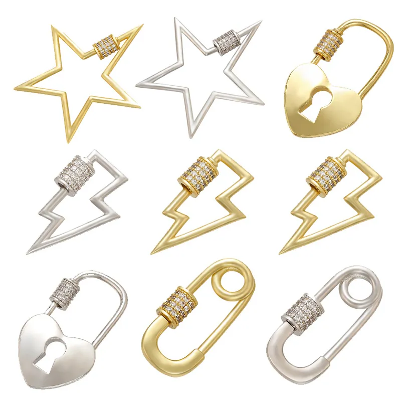 Charmes En Laiton Micro Pave CZ Étoile Cœur Verrou Éclair Épingle À Nourrice Pendentifs Pour Création Bijoux DIY