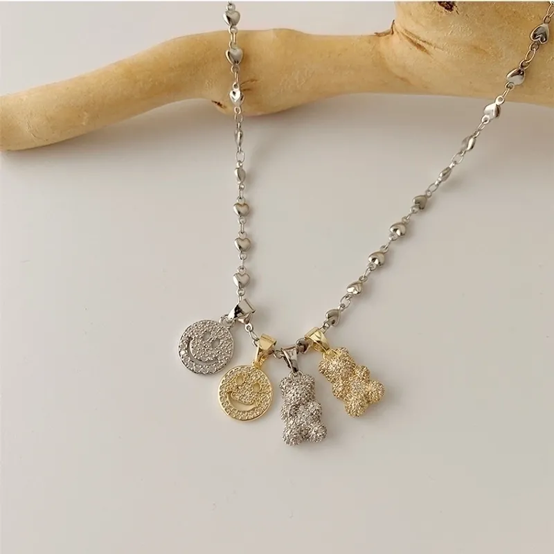 Bear Smiley Face Pendant Necklace Titanium Steel Zircon Heart Box Snake Chain Elegant Jewelry For Women