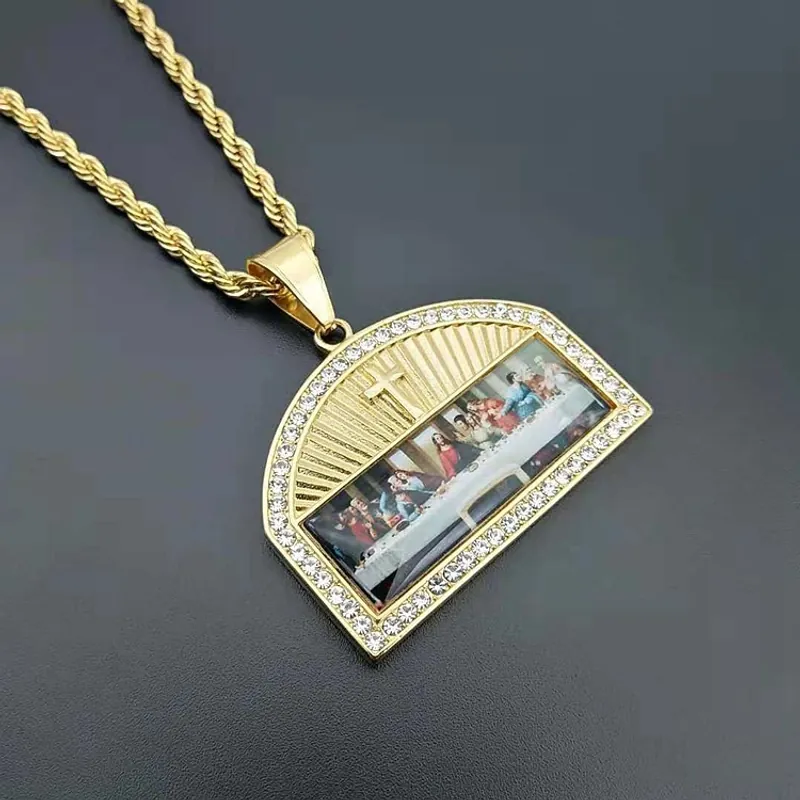 Hiphop Titanium Steel The Last Supper Pendant Necklace Gold Silver Rhinestone Religious Cross Inlaid Jewelry For Men Women