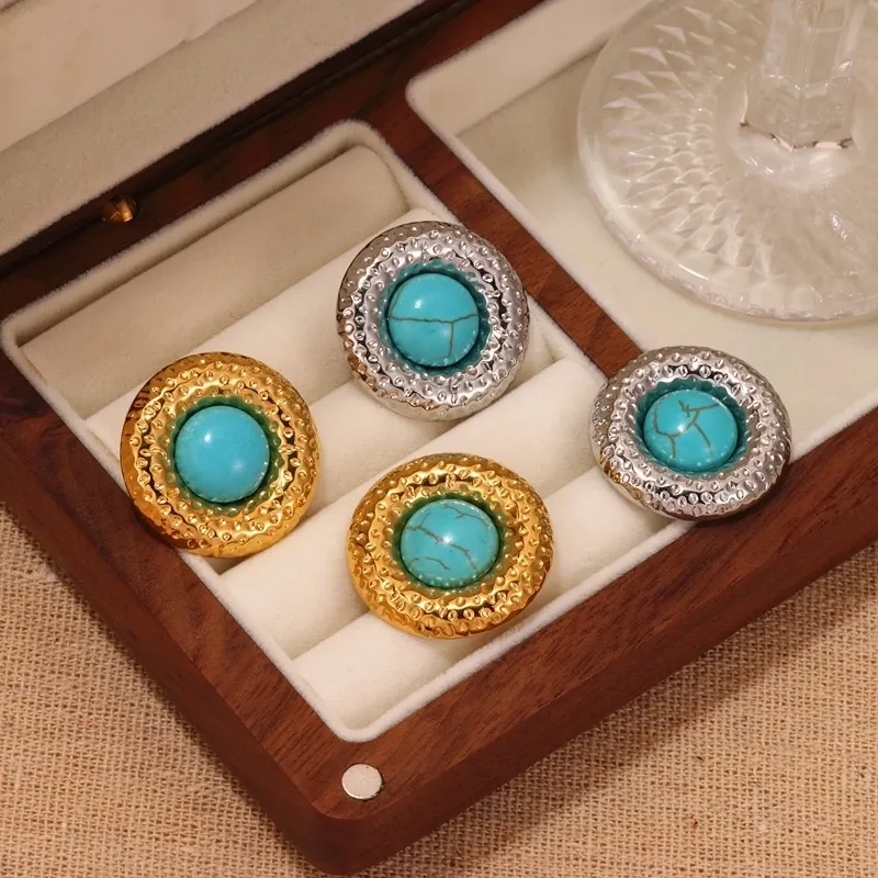 French Style Vintage Hammered Round Stainless Steel Stud Earrings With Artificial Turquoise Elegant Bohemian Jewelry For Women