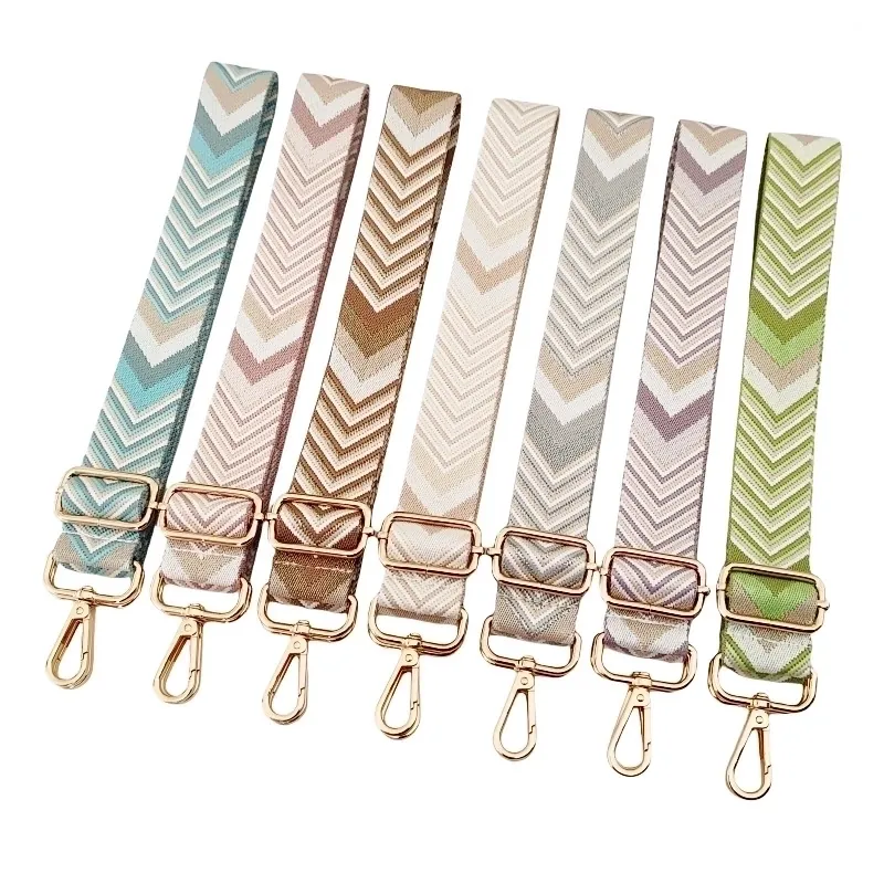 Adjustable Wide Bag Strap Polyester Cotton Chevron Pattern Ethnic Replacement Crossbody Shoulder Handbag Alloy Metal Hook