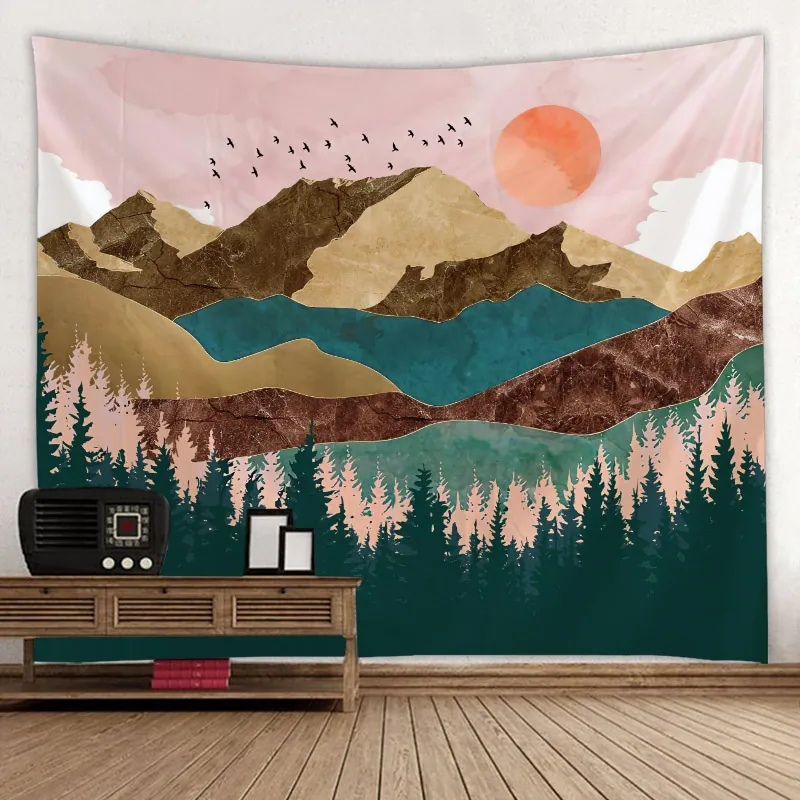 Wall Hanging Tapestry Polyester Decorative Art Moon Phase Floral Mountain Landscape Backdrop Bohemian Home Decor