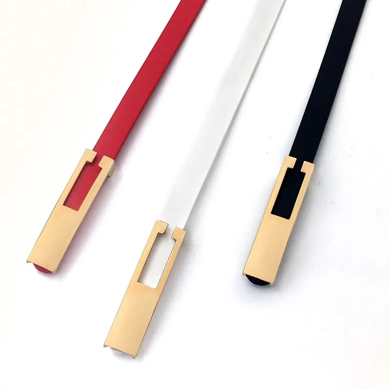 Women Thin Faux Leather Dress Belt With Gold Rectangular Alloy Buckle Adjustable Elegant Waist Strap For Jeans