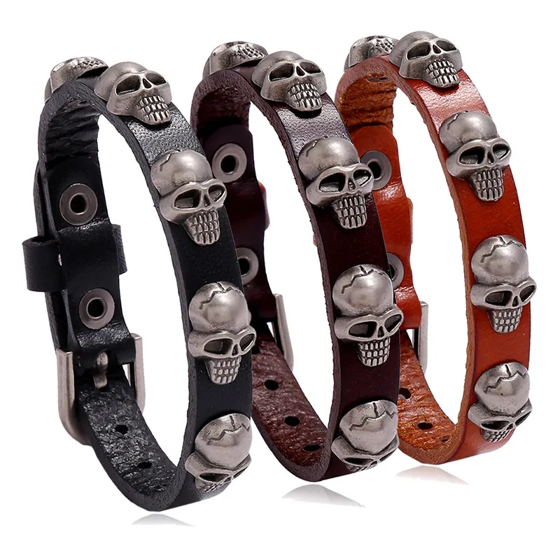 Vintage Punk Skull Head Cowhide Leather Bracelet Adjustable Alloy Buckle Gothic Rock Wristband Jewelry For Men Women