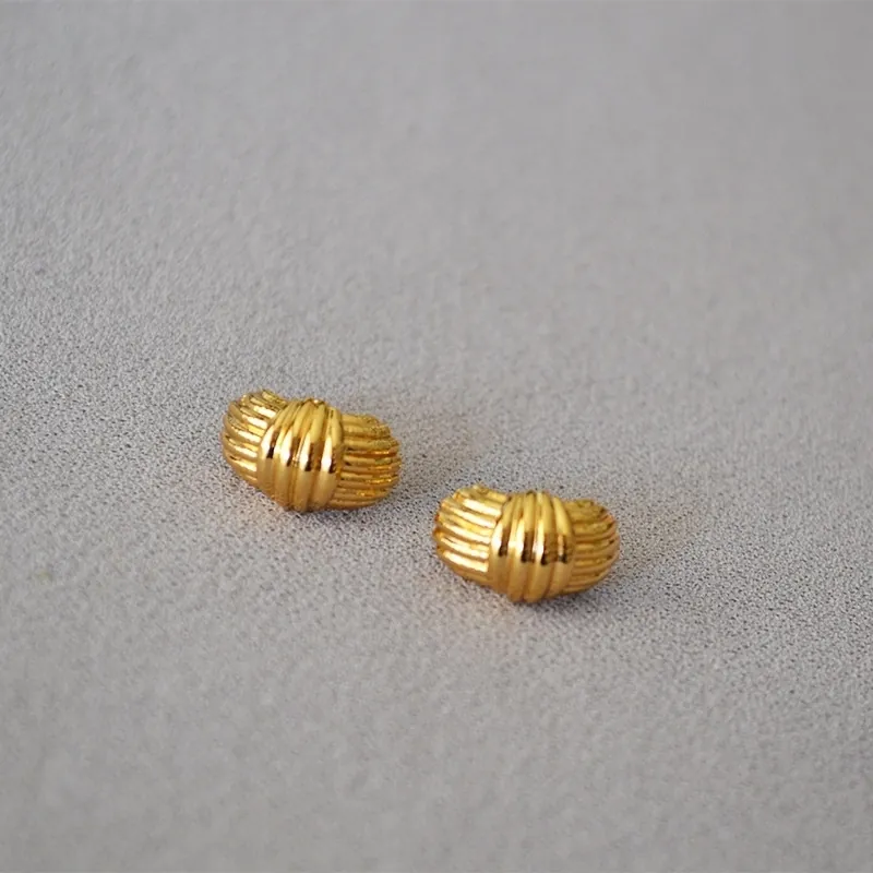 Retro Gold Plated Brass Ribbed Striped Stud Earrings With 925 Sterling Silver Earring Post Simple Geometric Jewelry