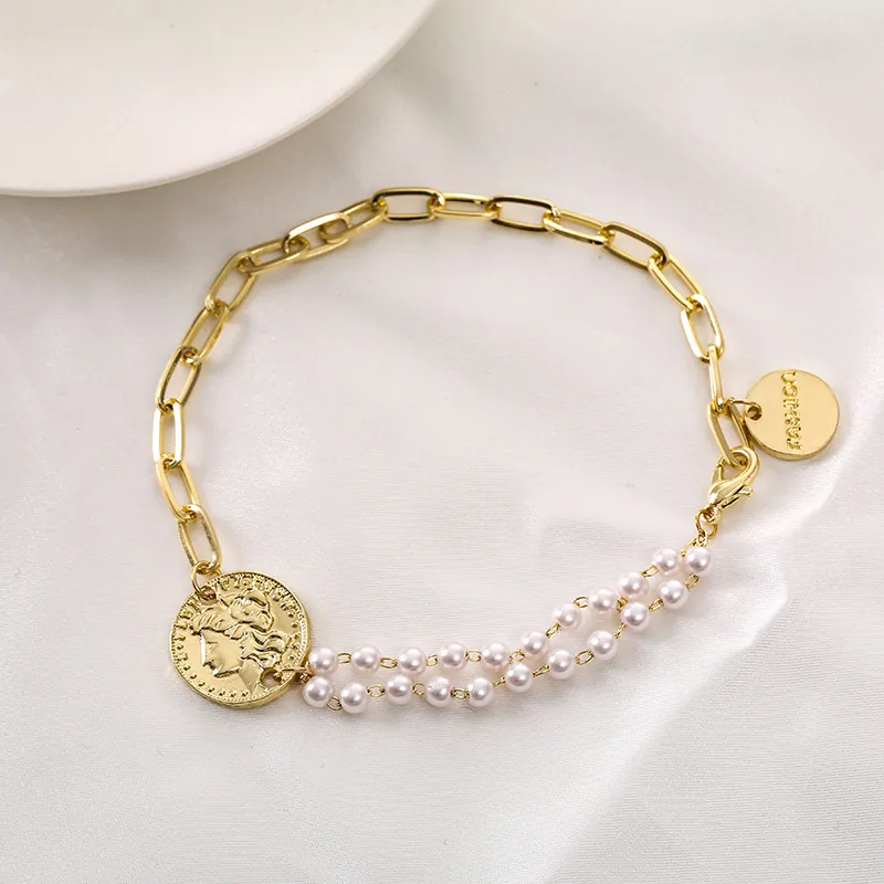 Elegant Asymmetric Bracelet For Women With Double Row Artificial Pearls And Alloy Link Chain Featuring Queen Head Coin Pendant