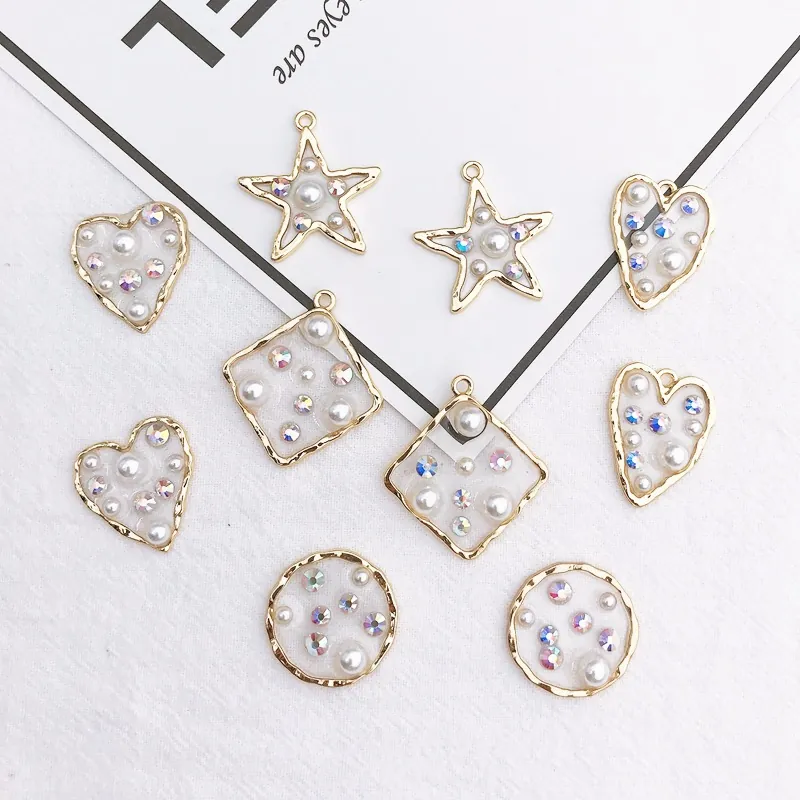 DIY Charms Pendants Alloy Gold Geometric Heart Star Shape With Faux Artificial Pearl And Rhinestone Oil Dripping Handcraft