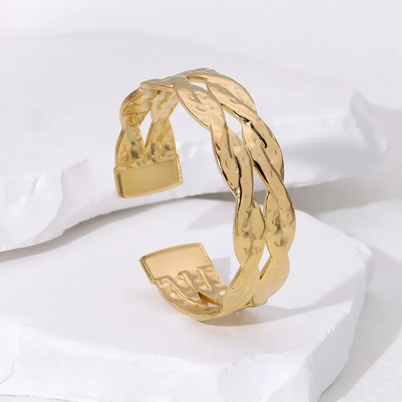 Bracciale Rigido In Acciaio Inossidabile Trama Intrecciata Design Martellato Retrò Francese Minimalista Gioiello Regolabile Donna