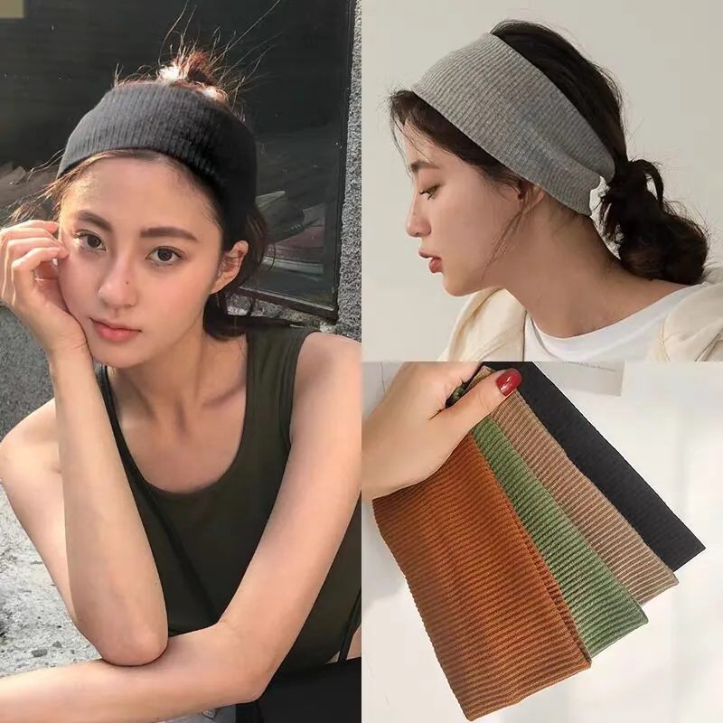 Knitted Headband Elastic Ribbed Fabric Wide Sports Yoga Running Hair Band For Women Solid Color Casual Headwear
