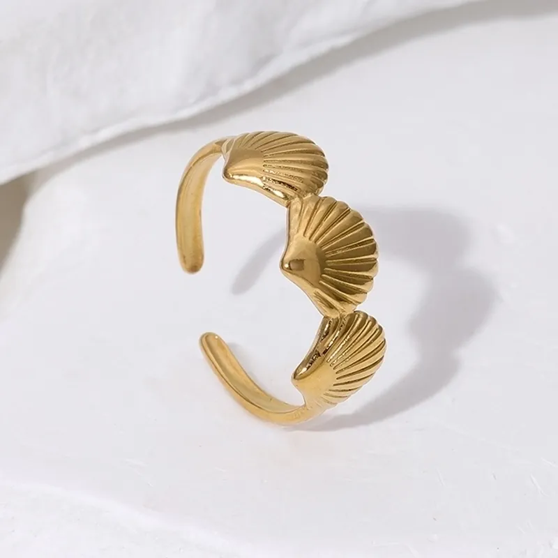 Stainless Steel Triple Seashell Open Ring For Women Adjustable Ocean Beach Style Minimalist Jewelry Non Fading