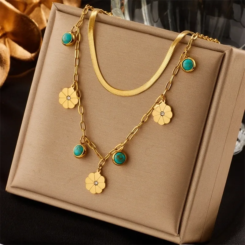 Fashion Stainless Steel Double Layer Snake Bone Chain Necklace For Women Gold Turquoise Flower Pendant Rhinestone Necklace Jewelry