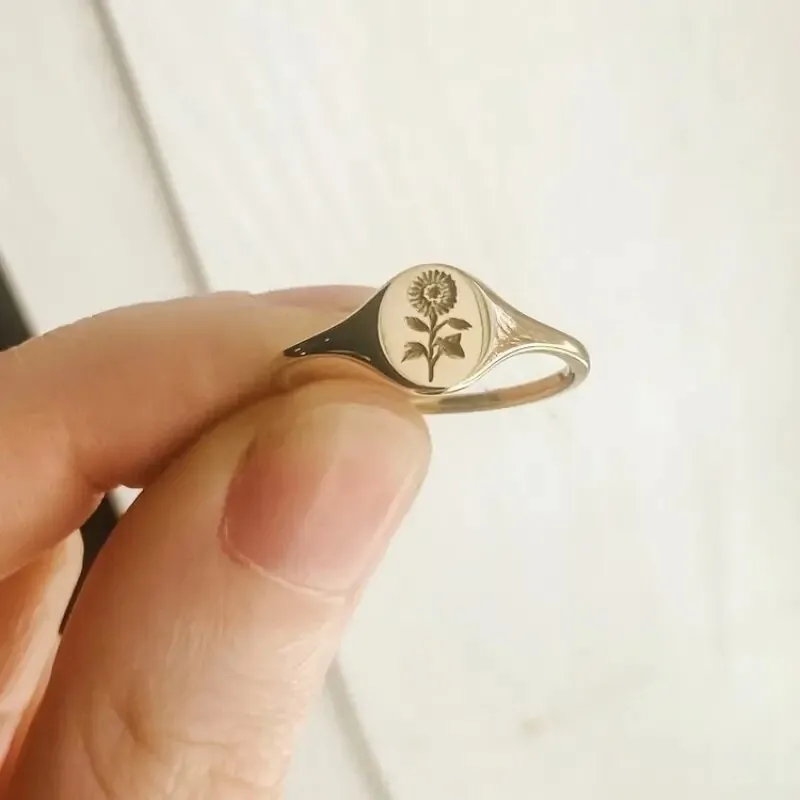 Retro Sunflower Signet Ring Copper Brass Minimalist Floral Pattern Jewelry For Men Women Unisex