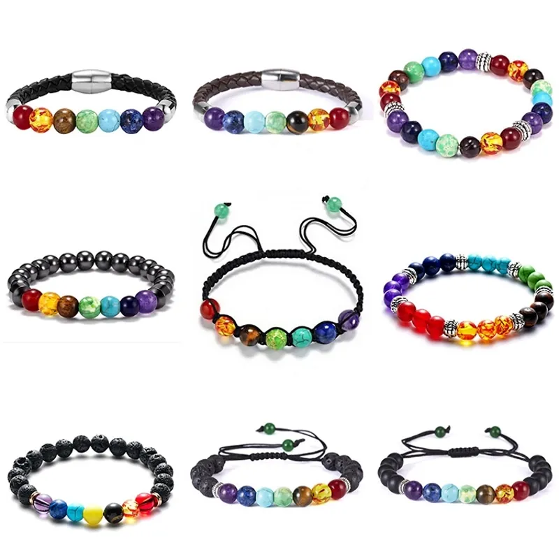 7 Chakra Natural Stone Lava Rock Braided Rope Bracelet Healing Reiki Energy Adjustable Handmade Jewelry Unisex Rainbow