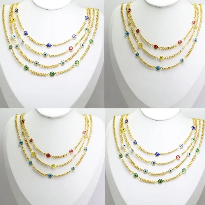 Bohemian Evil Eye Necklace Colorful Enamel Charms 18K Gold Plated Copper Ethnic Jewelry For Women Adjustable Curb Chain