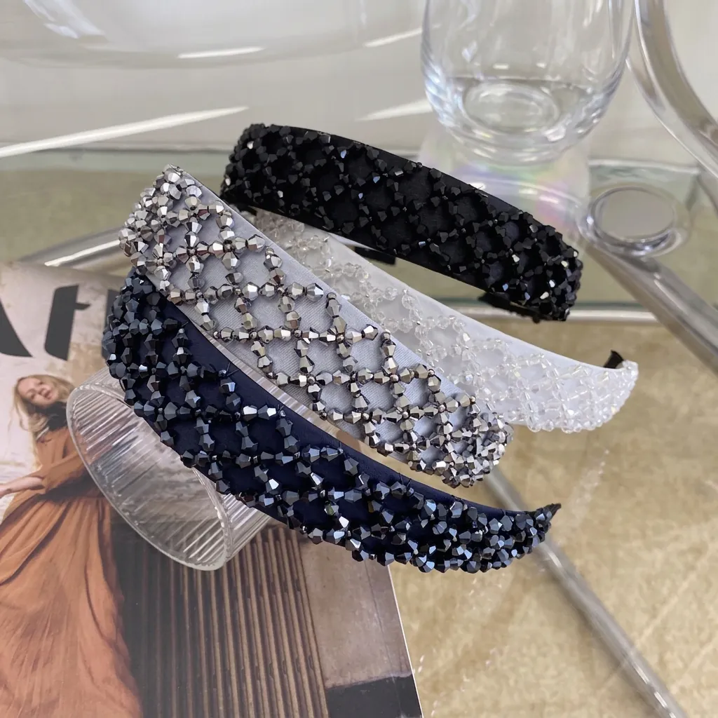 Hand Woven Crystal Beaded Headband Wide Edge Rhinestone Hair Hoop Retro Shiny Elegant Hair Accessories For Women