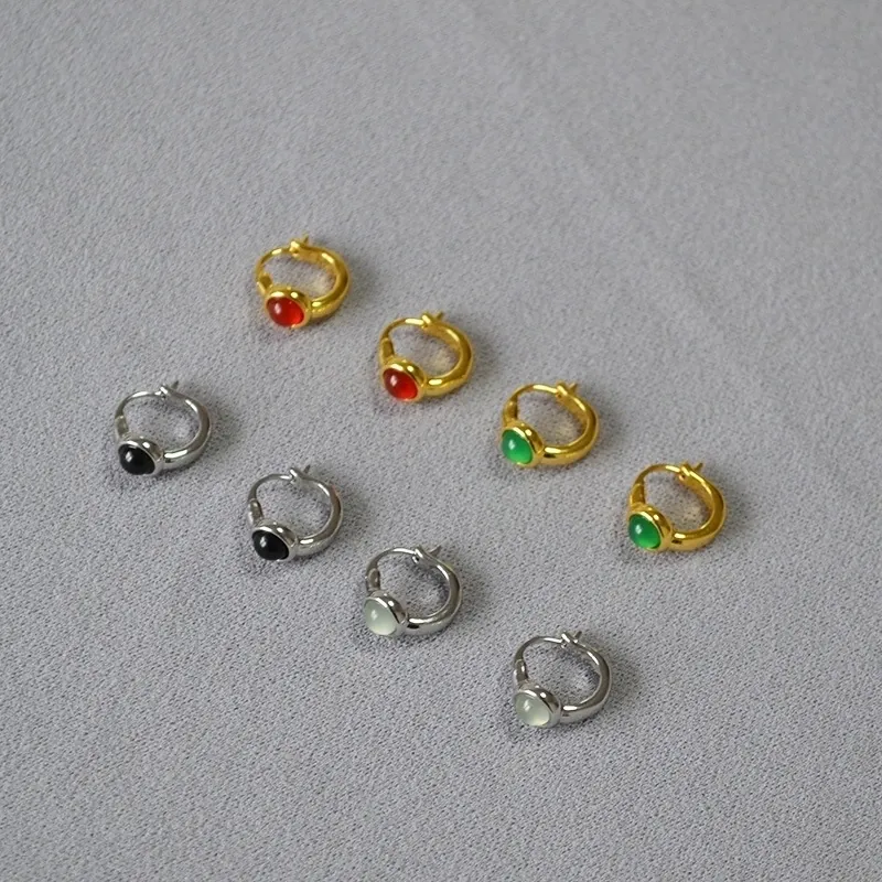Vintage Brass Gold Plated Hoop Earrings With Real Agate Gemstone Inlaid Simple Retro Commuting Jewelry For Women