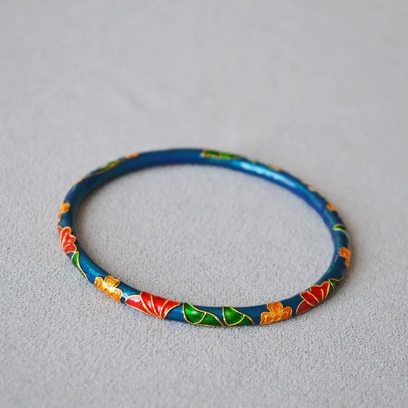 New Chinese Style Brass Gilded Hand Painted Enamel Bangle Blue Ginkgo Flower Retro Elegant Jewelry For Women