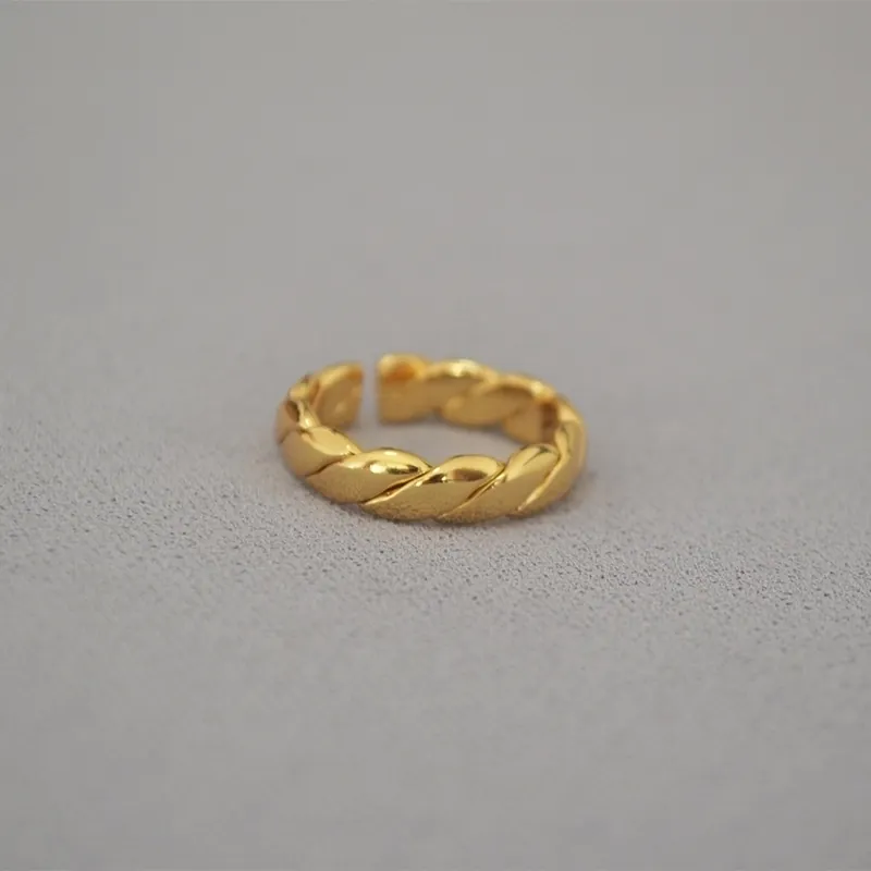 Minimalistischer Messing Ring Offen Für Damen 18K Vergoldet Gedrehtes Geflecht Design Verstellbarer Ring Mode Schmuck