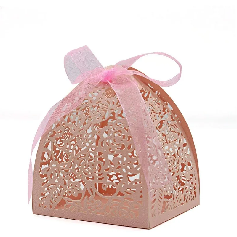 Laser Cut Hollow Candy Box Pearlescent Paper Gift Boxes With Ribbon Floral Pattern For Wedding Party Favor