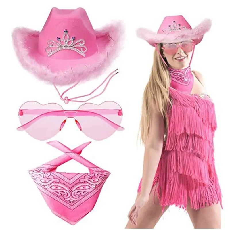 Western Cowboy Hat With Feather Trim Sequins Crown Heart Sunglasses And Paisley Bandana Party Cosplay Costume Accessory