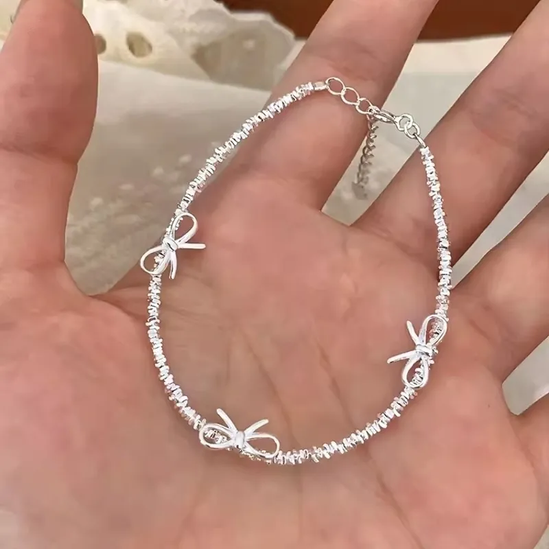 Bracciale Fiocco in Argento Sterling S925 per Donna Design Raffinato con Pepite d'Argento Stile Dolce Regolabile Gioielleria Regalo