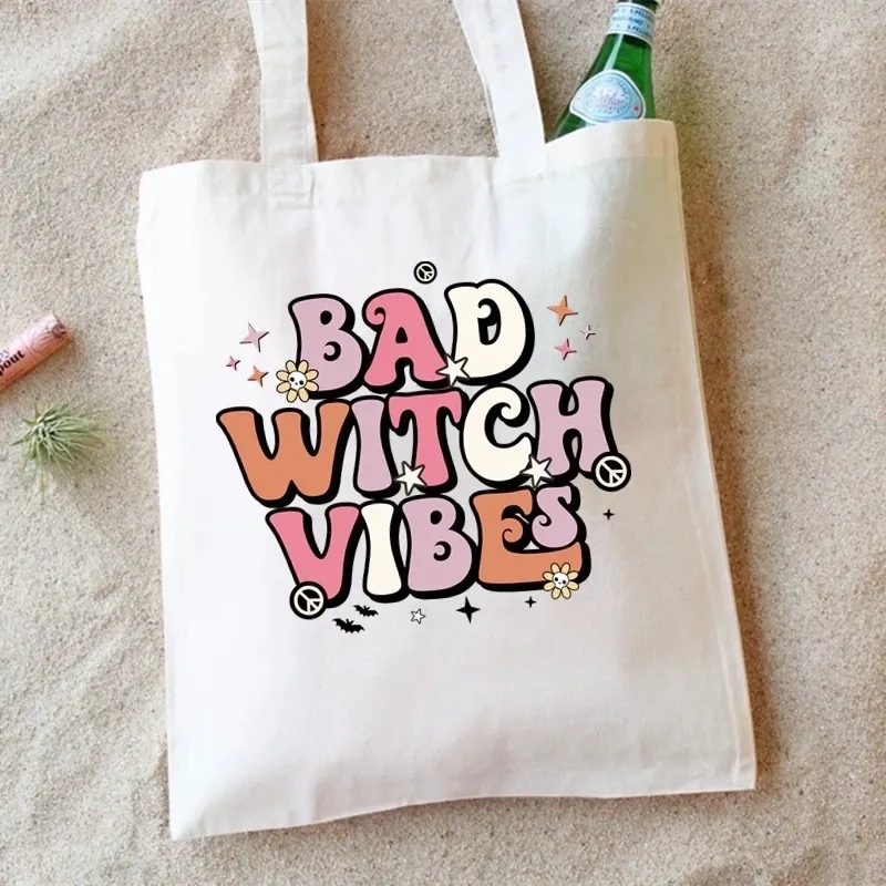 Halloween Canvas Tote Bag For Women Spooky Witch Vibes Print Reusable Shoulder Shopping Bag Holiday Party Casual Handbag