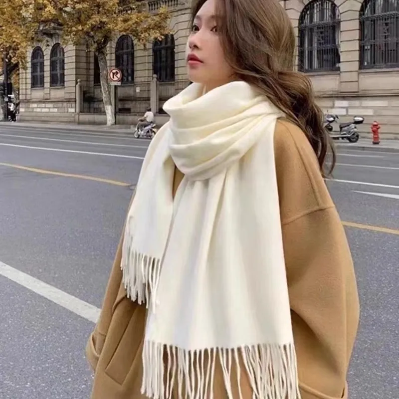 Solid Color Imitation Cashmere Scarf Shawl Thickened Warm Winter Tassel Fringe Wrap For Women Retro Elegant Soft