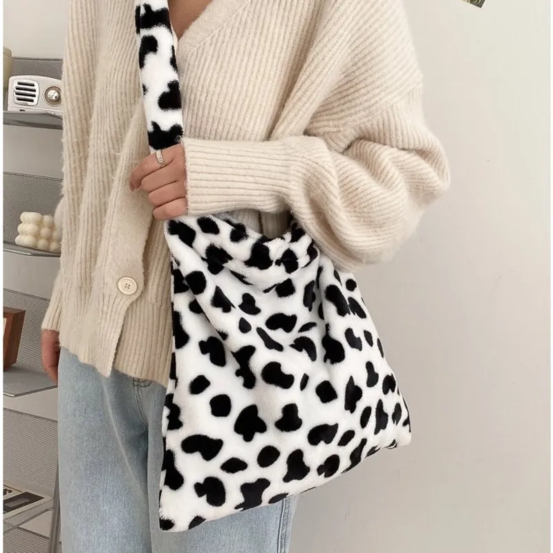 Plush Cow Bear Print Shoulder Bag Faux Fur Large Capacity Tote Crossbody For Winter Women Soft Handbag