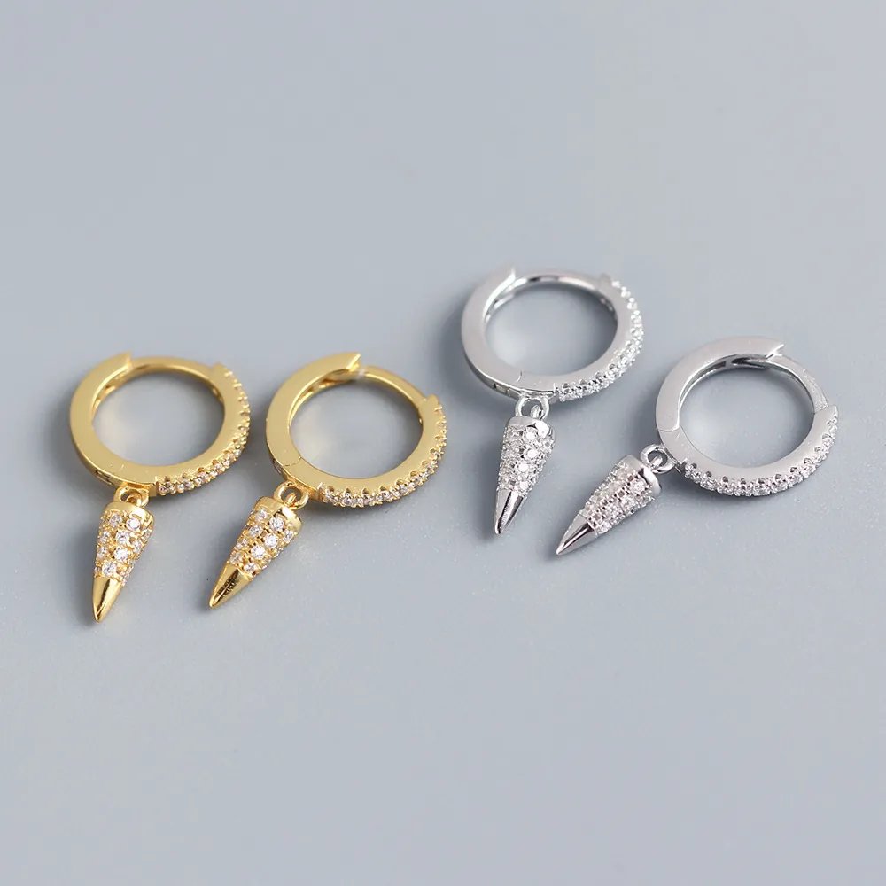 Geometric Spike Dangle Huggie Hoop Earrings With 925 Sterling Silver Earring Post Cubic Zirconia Micro Pave Elegant Jewelry