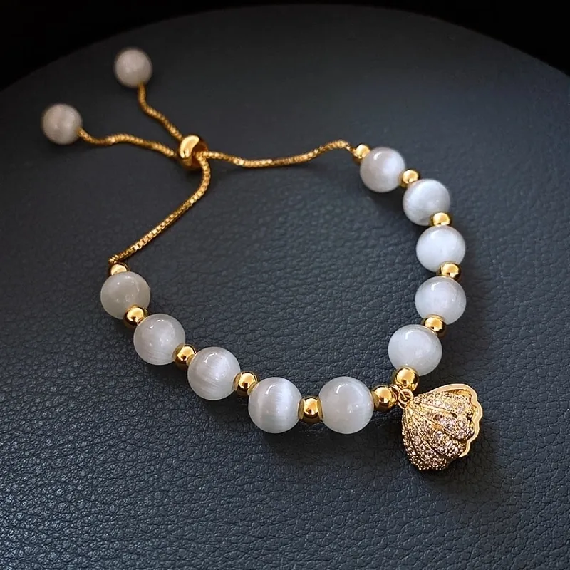 Armband Met Natuurlijke Kunstparels En Kattenoogsteen Verguld Verstelbare Ketting Zirkoon Schelp Hanger Sieraad Voor Dames